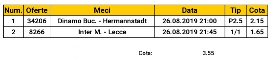 Biletul zilei 26 august 2019 - Dinamo Bucuresti 3+ si Inter 1 pauza / 1 final cota @3.5